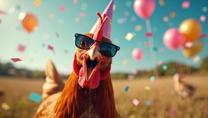 Chicken wears sunglasses, party hat. Confetti falls around. Balloons float in background. Amusing bird celebrates event outdoors. Funny animal wears festive headwear at summer party in open air.