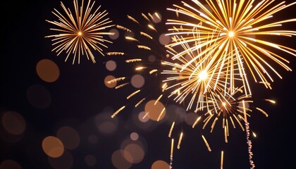 Obraz premium Bright fireworks explode in a dark night sky with bokeh effects