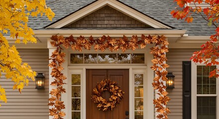 Cozy Autumn Entrance Decorated with Fall Leaves and Wreath.