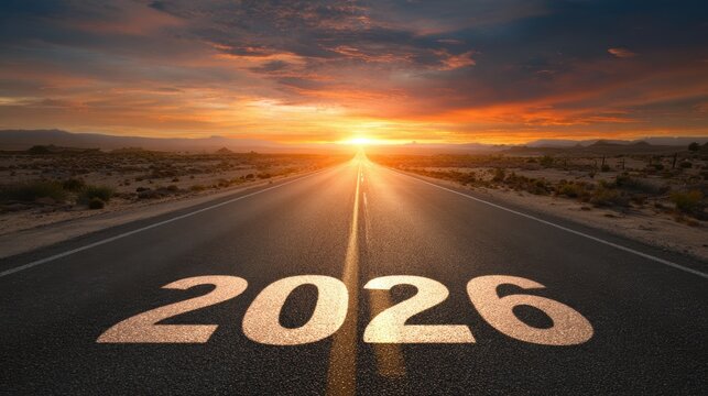 Road to 2026: A path forward into the future with a beautiful sunset backdrop