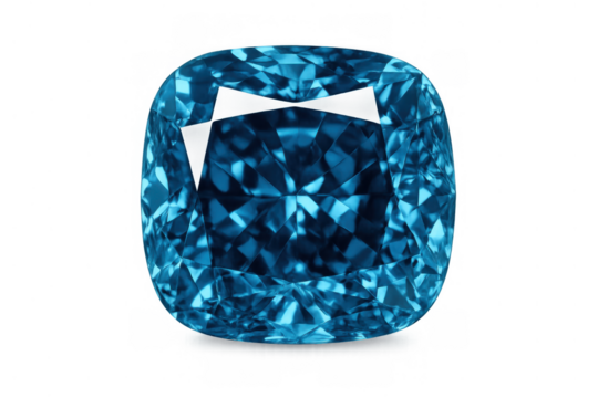 Blue gemstone with cushion cut on transparent background, jewelry, wealth, luxury, precious stone