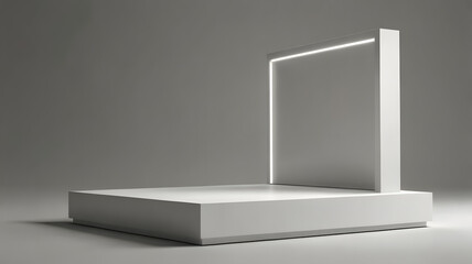 Fototapeta premium Modern white product display stand with glowing light frame