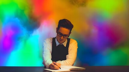 upper. Creative professional immersed in work, surrounded by vibrant abstract colors symbolizing ideas. wellbeing guides, coaching materials, designed for coaching and self-improvement content.