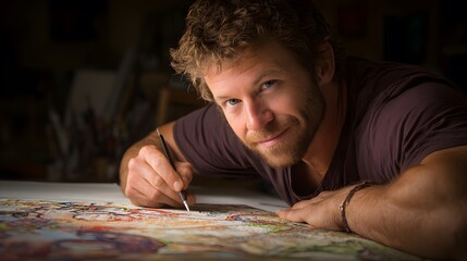 upper. Creative professional immersed in work, surrounded by vibrant abstract colors symbolizing ideas. wellbeing guides, coaching materials, designed for coaching and self-improvement content.