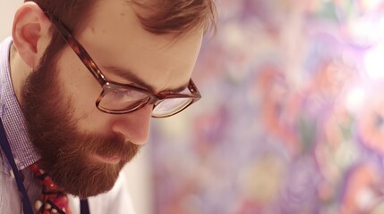 upper. Creative professional immersed in work, surrounded by vibrant abstract colors symbolizing ideas. wellbeing guides, coaching materials, designed for coaching and self-improvement content.