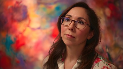 upper. Creative professional immersed in work, surrounded by vibrant abstract colors symbolizing ideas. wellbeing guides, coaching materials, designed for coaching and self-improvement content.