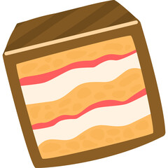 Obraz premium Slice of cake illustration with three layers of filling in warm colors and brown crust isolated on white background detailed flat design