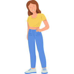 Smiling Woman With Brown Hair Wearing A Yellow Crop Top And Blue Jeans Standing Confidently With One Hand On Her Hip And White Sneakers Against A White Background