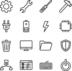 A collection of outline icons depicting various tools, computer hardware, software settings, and general utility symbols.