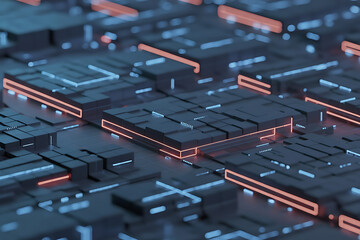 Futuristic digital circuit board with glowing components, 3D abstract illustration of a high-tech circuit grid with glowing red and blue edges, representing AI infrastructure and data systems.

