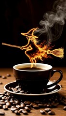 Fototapeta premium Fiery witch in flight emerging from a steaming coffee cup against a dark background with copy space