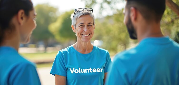 Group of volunteers in blue uniform. Mature woman smiles in the center. People stand outdoors near green trees. Team discuss community project, celebrate success. Charity work and happy mature women. - Powered by Adobe