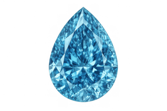 Blue pear cut aquamarine gemstone displaying brilliant facets and shining light, elegant jewel on transparent background