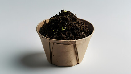 Organic rich soil with a tiny green sprout in biodegradable pot