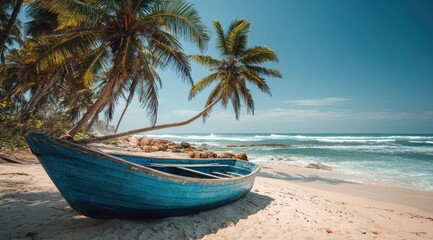 Tranquil beach scene with a vintage blue boat under swaying palm trees