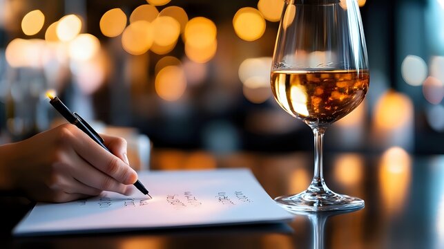 Wine tasting notes being written by hand with elegant glass of white wine against blurred warm bokeh lights in upscale restaurant setting.