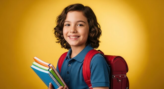 Happy Young Boy with Curly Hair, Backpack, and Books Against Yellow Background