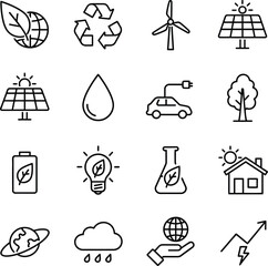 A collection of black and white line icons representing various aspects of environmental sustainability, renewable energy, and eco-friendly concepts.