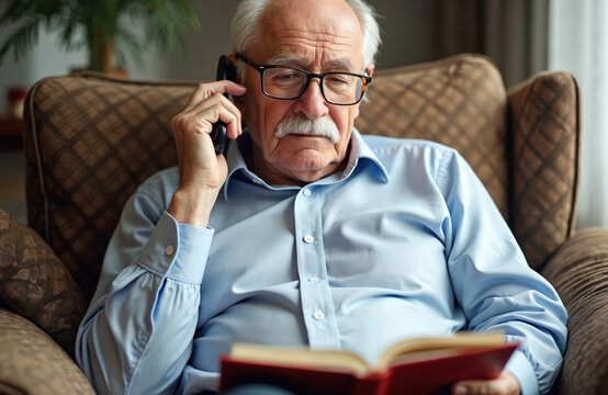 Elderly man in glasses talks on phone, holding open book at home. Serious senior person sits in armchair conversation. Retired grandfather with mustache manages business personal matters remotely