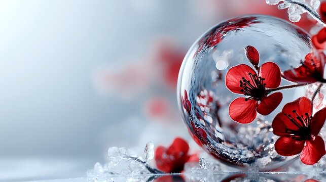 Red cherry blossom flowers reflected and magnified in water drop against blurred winter background with ice crystals, macro photography composition.