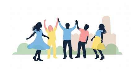 Obraz premium Friends dancing joyfully in backyard celebration with pastel minimalist style