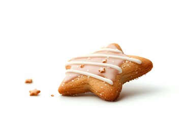 Star-shaped sugar cookie with white icing drizzle and sparkly sugar crystals on white background, isolated festive holiday baking treat for seasonal designs.