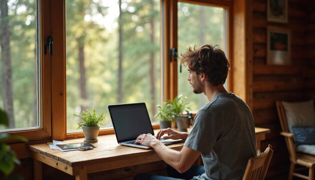 Young man works with laptop in wooden cabin near window overlooking trees. Remote worker types on computer at desk with plants and tablet. Freelancer enjoys tranquil workspace.