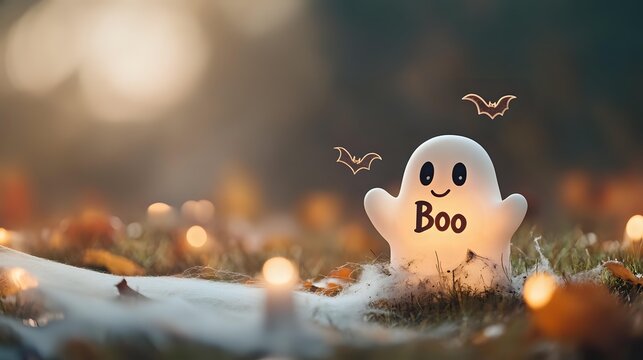 Playful ghost decoration with boo text on autumn background with bokeh lights and fallen leaves, creating spooky Halloween atmosphere outdoors. - Powered by Adobe