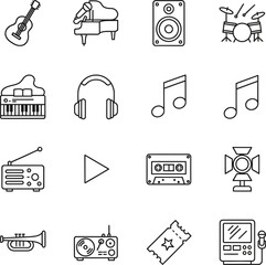 A collection of line art icons representing various musical instruments, audio equipment, and music-related symbols on a white background.