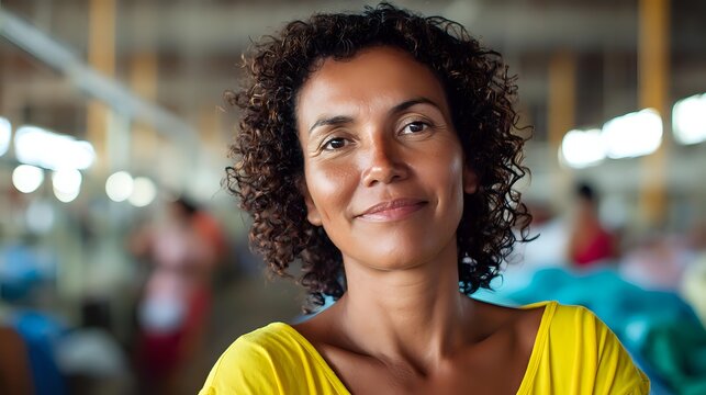 Confident mixed-race businesswoman with curly hair smiling in bright yellow top against blurred textile factory background.