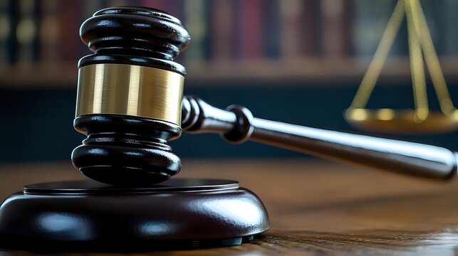 Wooden judge gavel and sound block on courtroom desk with scales of justice and law library in soft focus background, representing legal system. - Powered by Adobe
