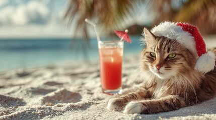Cute cat in a festive Christmas Santa hat with a cocktail on the beach celebrating the new year