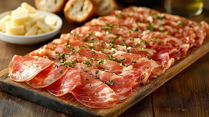 Traditional Italian antipasto platter with thinly sliced cured meats arranged on wooden board, garnished with herbs, served with bread and cheese for appetizer.