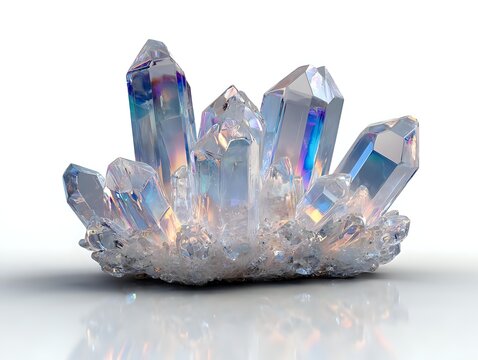 Iridescent crystal cluster with rainbow reflections and translucent points, glowing from within on white background for spiritual or decorative applications.