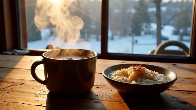 Cozy winter morning video with steaming coffee and warm porridge by the window, perfect for food blogs and seasonal content
