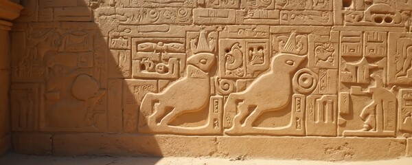 Ancient Egyptian hieroglyphs carved on sandstone wall relief. Figures and symbols from old civilization history. Detailed texture on aged temple surface.