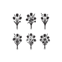 Vector tree set with floral and nature design elements in black silhouette style