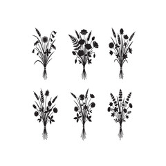 Black silhouettes of plants leaves and flowers vector floral pattern illustration