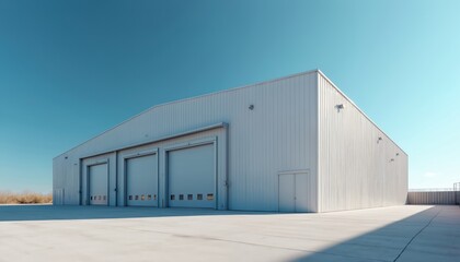 Obraz premium Modern white industrial warehouse stands on concrete ground. Three large rolling doors, side entrance visible. Clear blue sky above new empty commercial storage facility. Building ready for business