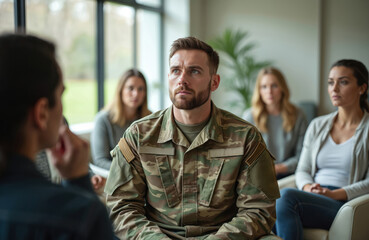 Fototapeta premium Soldier in army uniform attends group therapy session with diverse people. Veteran discusses mental health problems with psychologist. Man talks about combat stress, anxiety, depression during