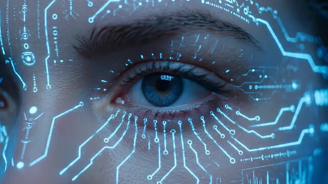 Close-up of futuristic eye with digital circuits. Female model displays augmented reality technology. Modern concept of innovation and artificial intelligence.