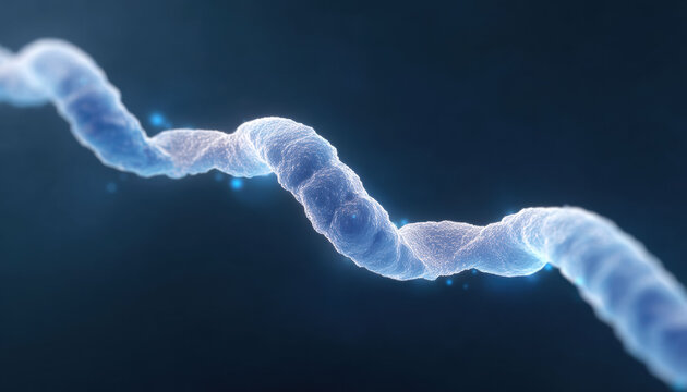 Microscopic view of blue protein structure, single helix molecule in scientific background. Biology and biotechnology research concept for genetics and medicine study