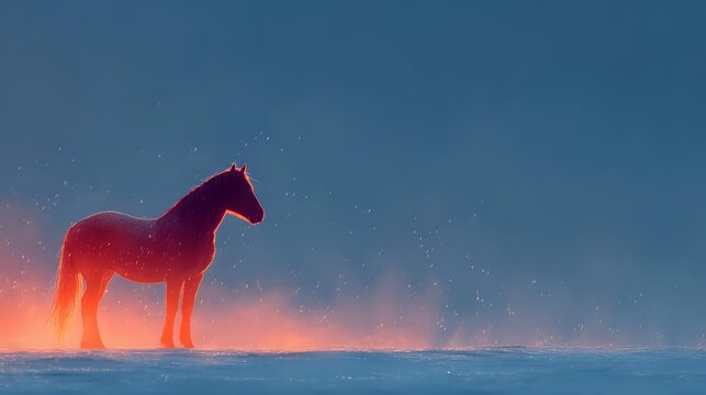 Silhouette of horse standing in snowy landscape at dusk with glowing orange light on horizon creating dramatic atmospheric scene.
