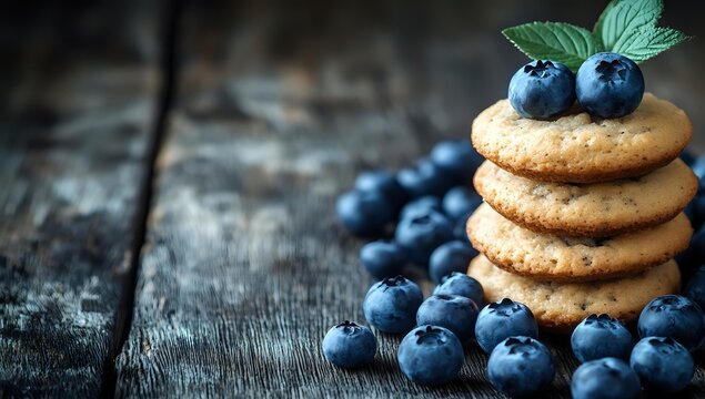 Fresh blueberries scattered around stacked butter cookies on rustic wooden table. Garnished with mint leaves and berries on top, moody food photography. - Powered by Adobe