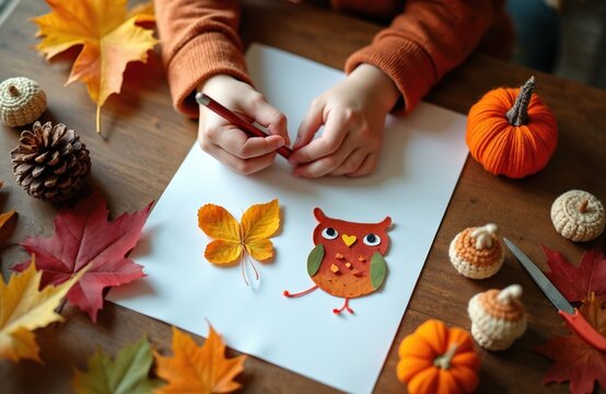 Little child hands make autumn craft art project on warm wooden table. Kid creates owl from colorful fall leaves, paper on white sheet. Small knitted pumpkins, pine cone decorate surface. Engaging