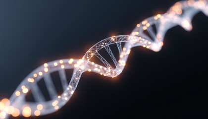 Abstract scientific illustration of DNA double helix molecule. futuristic glowing structure symbolizes biotechnology innovation and genetic research on blue background