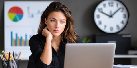 Businesswoman focusing intently on her laptop in a professional office setting with businesswoman, laptop, professional, office, sharpened, female