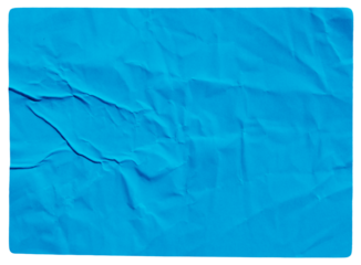 Blue adhesive glued wrinkled paper sticker label with transparent background cut out design element