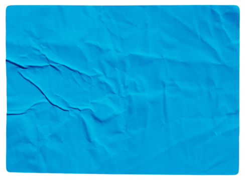 Blue adhesive glued wrinkled paper sticker label with transparent background cut out design element