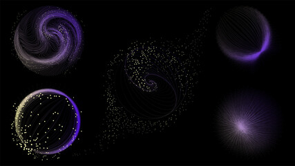 Abstract violet particle galaxy with curved motion lines on black background. Concept of data visualization, AI networks, digital communication, and generative technology design. © master1305